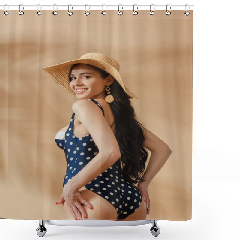 Personality  Smiling Sexy Brunette Woman In Polka Dot Swimsuit And Straw Hat Posing With Hands On Buttocks On Beige Background Shower Curtains