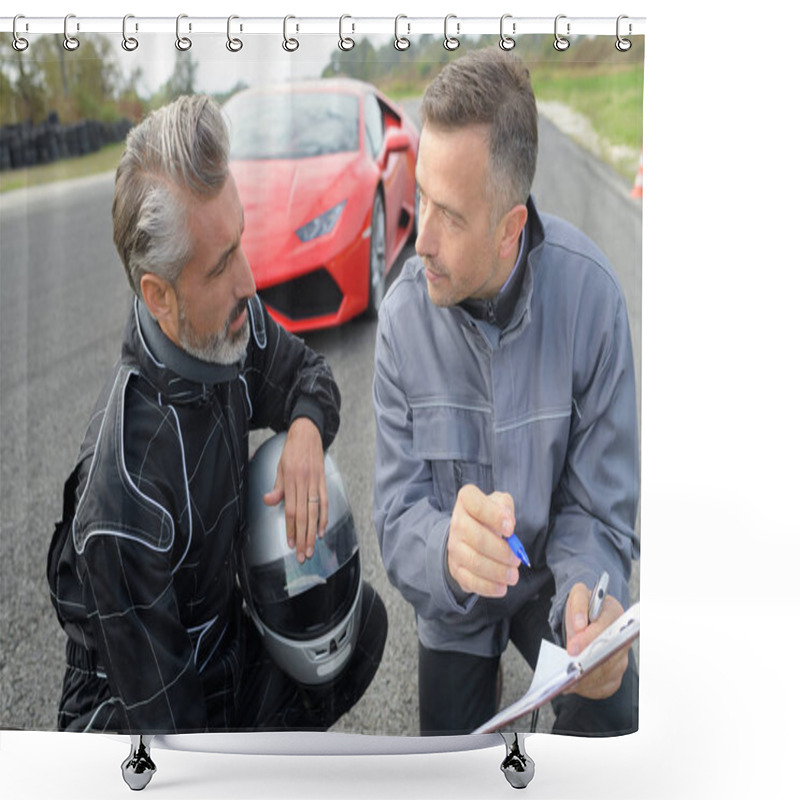 Personality  Racing Driver Talking With Coach Shower Curtains