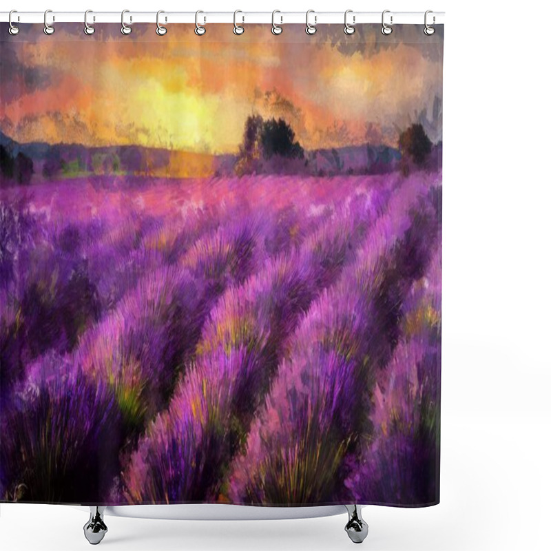 Personality  Beautiful Purple Lavender Field At Sunset. Painting Effect Shower Curtains