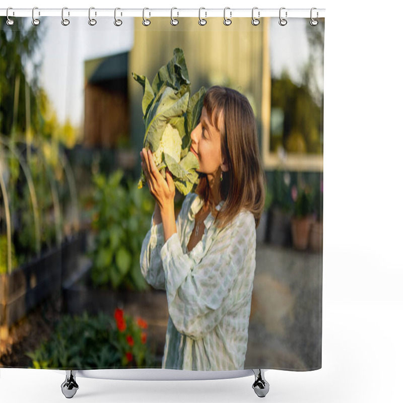 Personality  A Woman Lovingly Holds A Freshly Harvested Cauliflower Close, Enjoying The Fruits Of Her Garden. The Moment Captures The Deep Connection With Nature And The Joy Of Nurturing Homegrown Produce Shower Curtains