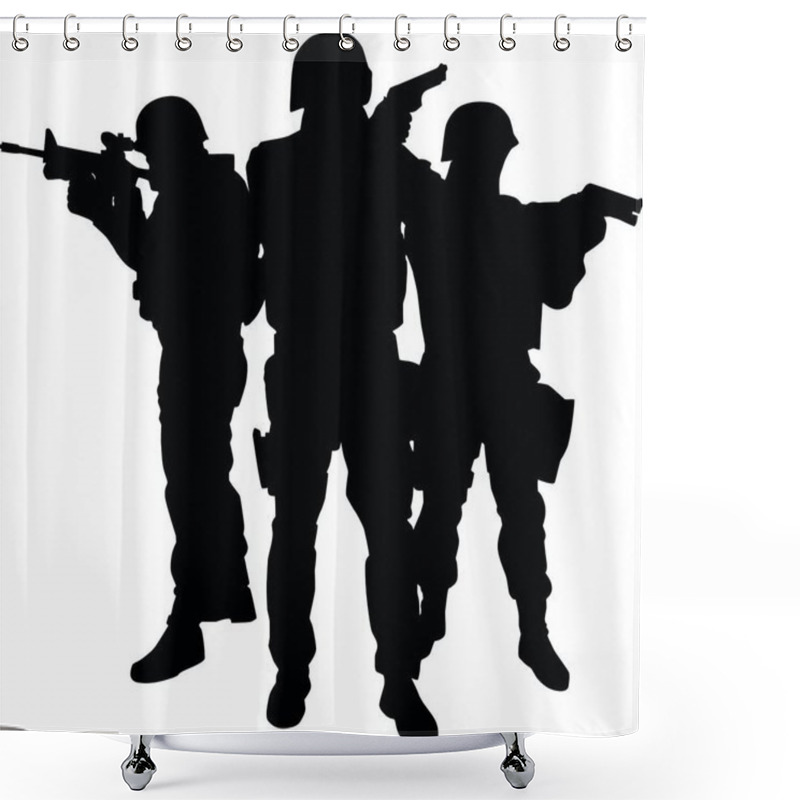 Personality  Police Immediate Reaction Team, Special Operations And Counter Terrorism Unit Three Fighters In Tactical Ammunition, Standing Together And Aiming Weapons Vector Silhouette Isolated On White Background Shower Curtains