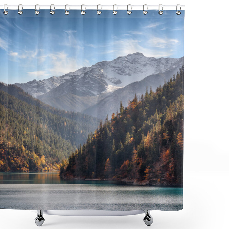 Personality  Amazing View Of Snow-capped Mountains On Blue Sky Background Shower Curtains