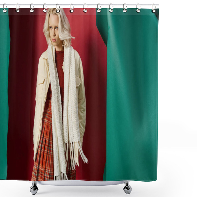 Personality  Attractive Blonde Woman In Winter Outfit Posing In White Jacket On Red With Turquoise Backdrop Shower Curtains