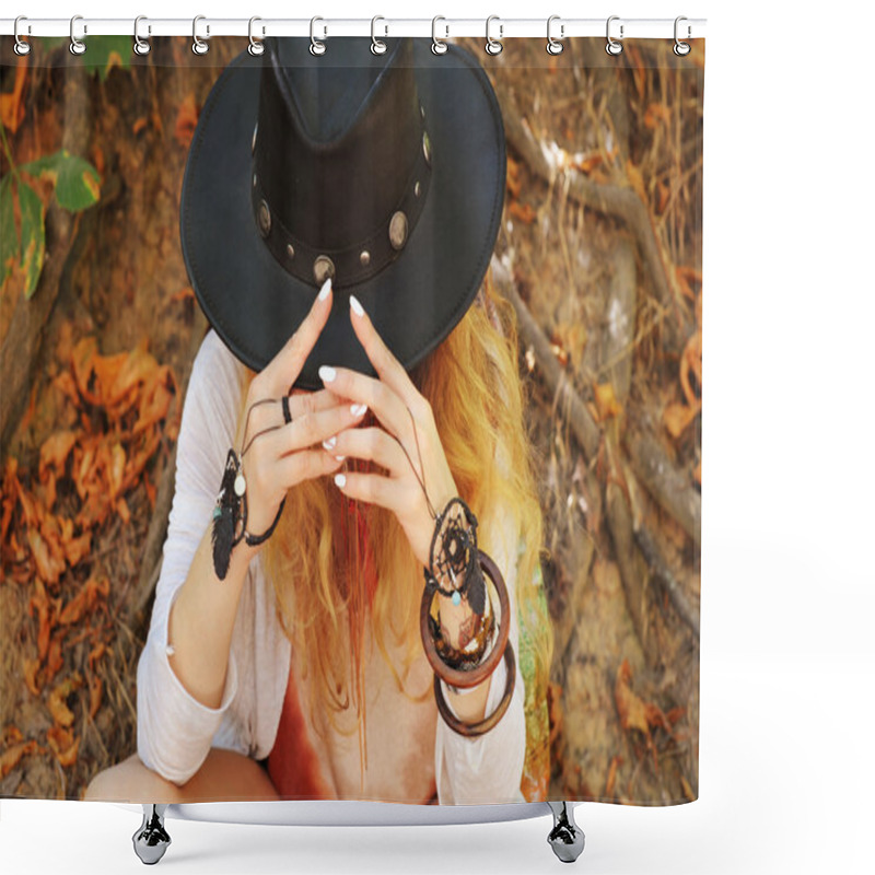 Personality  Beautiful Female Hands With Boho Chic Dreamcatcher Bracelets And Black Leather Hat Shower Curtains