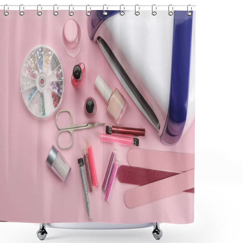 Personality  Manicure. Nail Polishes, UV Lamp And Various Accessories And Tools For Manicure On A Trendy Pink Background. Top View Shower Curtains