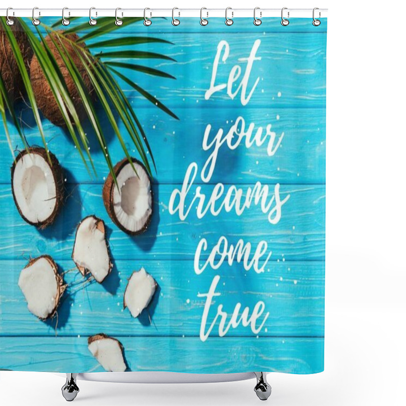 Personality  Top View Of Coconuts And Green Palm Leaves On Turquoise Wooden Surface With 