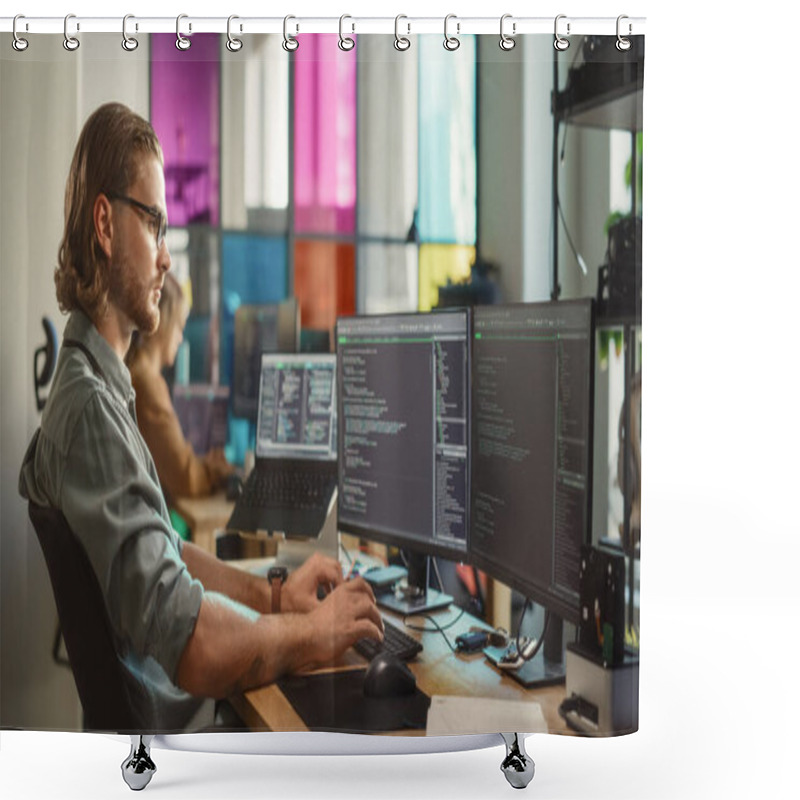 Personality  Young Caucasian Man Coding On Personal Computer And Laptop Set Up In Stylish Office. Professional Programmer Developing Innovative AI Software In Shower Curtains