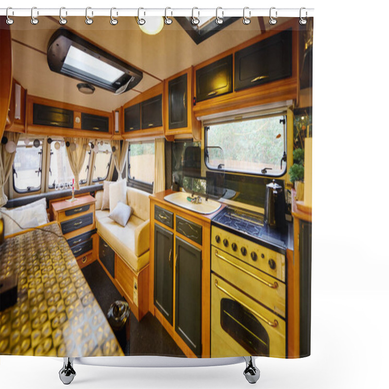 Personality  Cozy Kitchen And Living Area In Recreational Vehicle For A Romantic Getaway. Shower Curtains