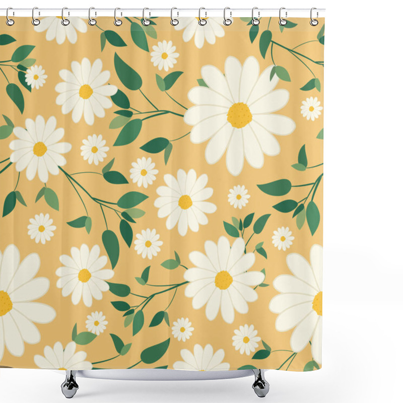 Personality  Vector Seamless Floral Pattern With Elegant White Daisies And Green Leaves On A Beige Background. Shower Curtains