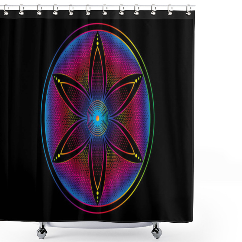 Personality  Seed Flower Of Life Lotus Icon, Logo Mandala Sacred Geometry, Pixel Art Design, Light Spectrum Symbol Of Harmony And Balance. Mystical Talisman, Vector Round Design Isolated On Black Background  Shower Curtains