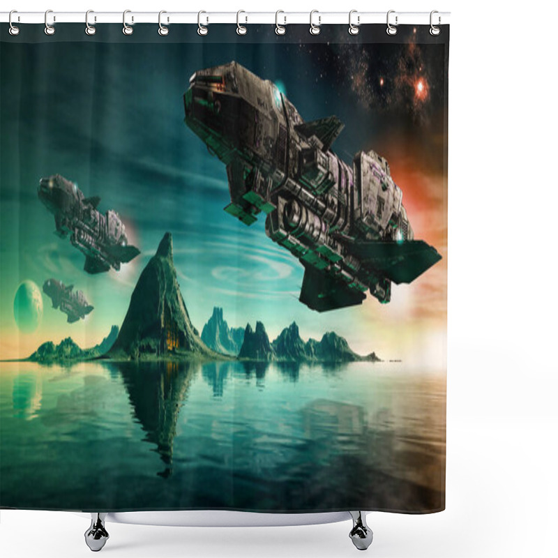 Personality  Futuristic SciFi Battle Space Ships Hover Over An Acid Ocean Of An Alien Planet, 3d Render. Shower Curtains