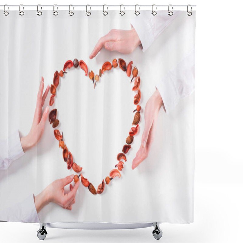 Personality  Cropped Image Of Couple Making Heart From Dried Fruits On Valentines Day On White Shower Curtains