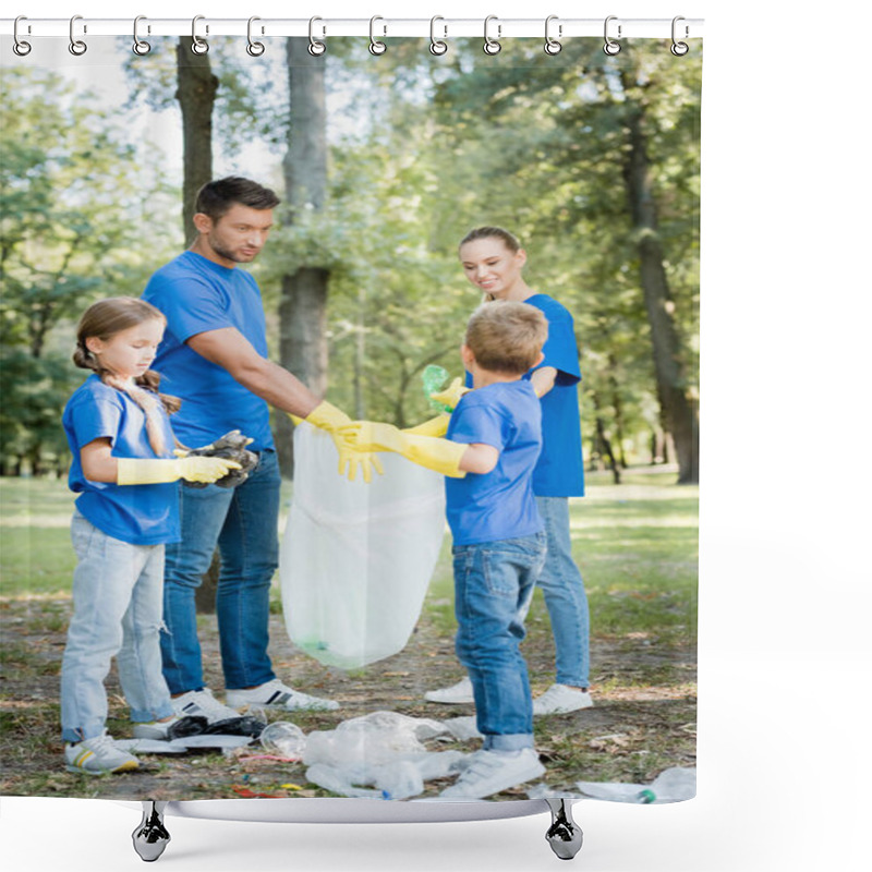 Personality  Family Of Volunteers In Rubber Gloves Collecting Rubbish In Recycled Plastic Bag In Forest, Ecology Concept Shower Curtains