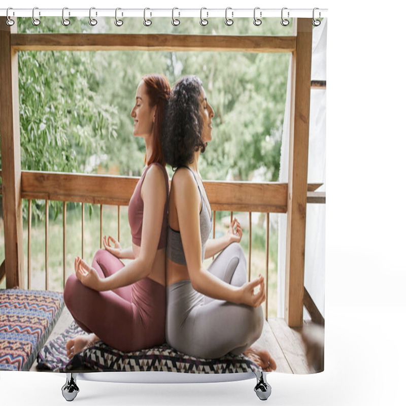 Personality  Carefree Girlfriends In Sportswear Meditating In Lotus Pose With Closed Eyes, Retreat Center, Patio Shower Curtains