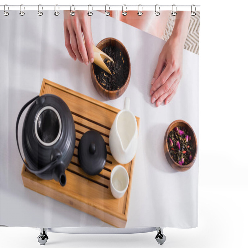 Personality  Cropped Shot Of Woman Making Tea While Having Tea Ceremony In Morning At Home Shower Curtains