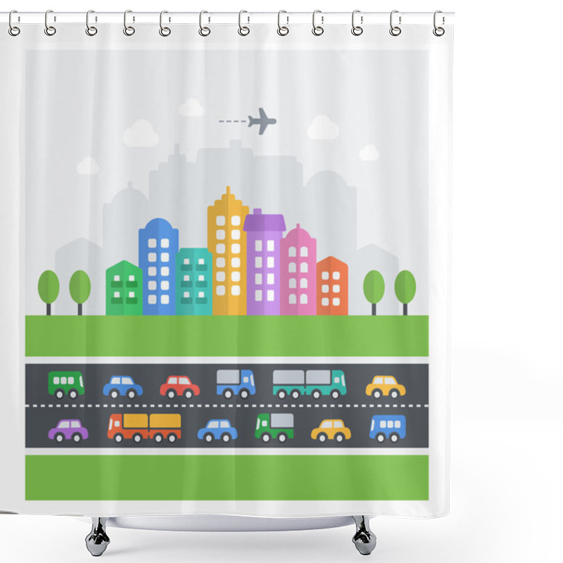 Personality  Vector Illustration Of Chaotic Cityscape. Flat Modern Icons Of V Shower Curtains