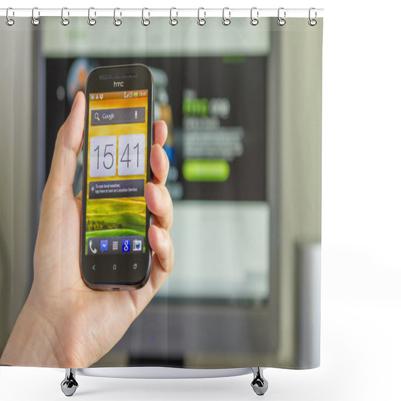 Personality  Closeup Of Man's Hand Holding A Smartphone In Office Shower Curtains