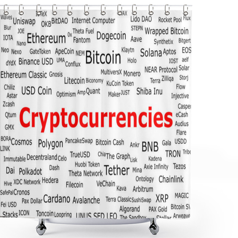 Personality  Names Of Cryptocurrencies Orders By Their Market Share With Big Red Title Cryptocurrencies In The Middle. The Background Is White. Shower Curtains