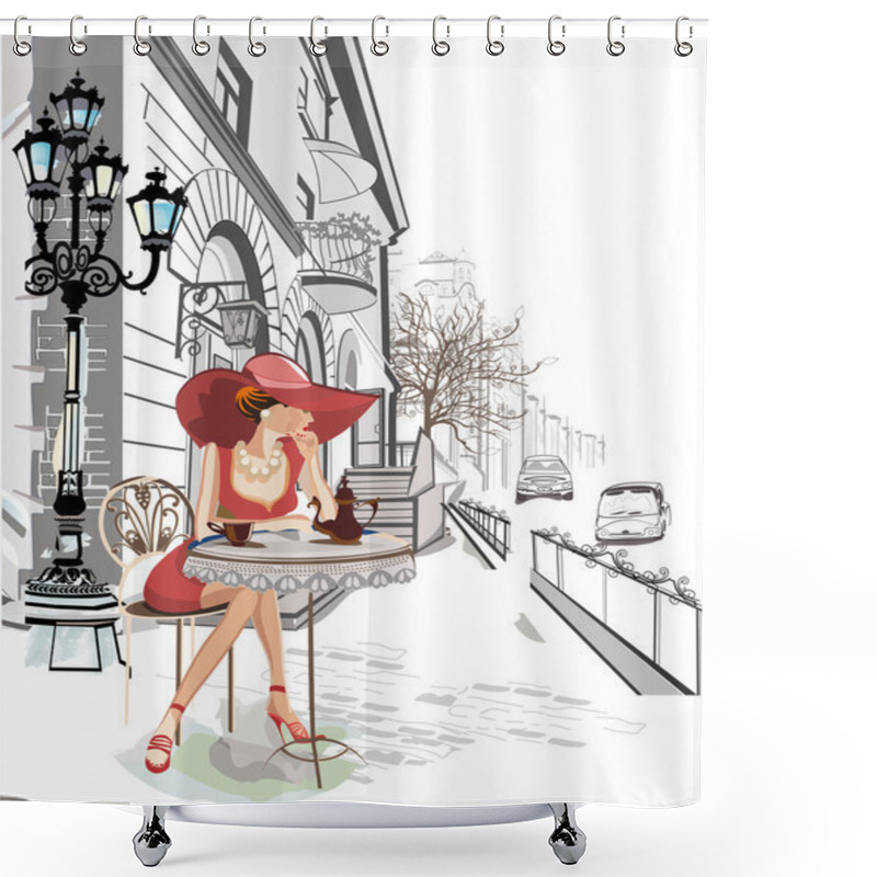 Personality  Fashion Girl In The Street Cafe. Shower Curtains