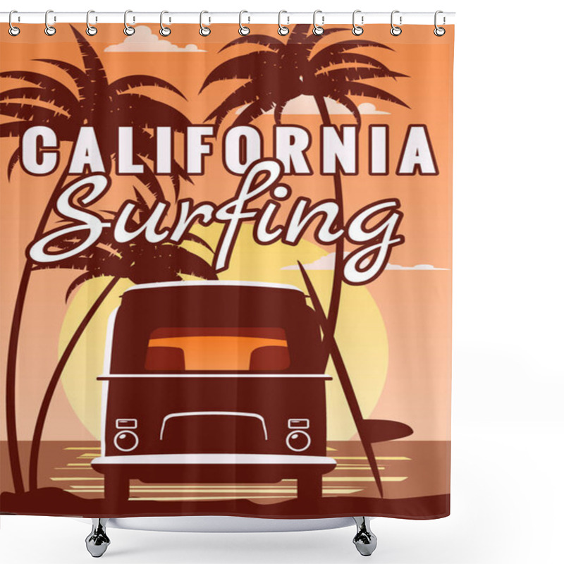 Personality  Surfer Orange Bus, Van, Camper With Surfboard On The Tropical Beach. Poster California Palm Trees And Blue Ocean Behind. Retro Illustration Of Modern Design, Isolated, Vector Shower Curtains