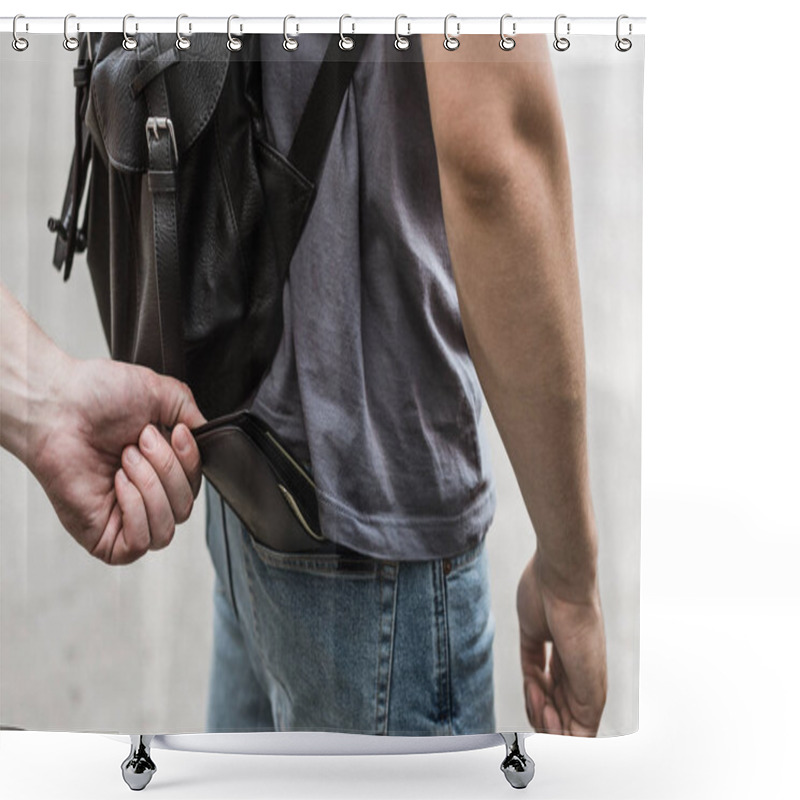 Personality  Cropped View Of Robbery Pickpocketing Wallet With Money Shower Curtains