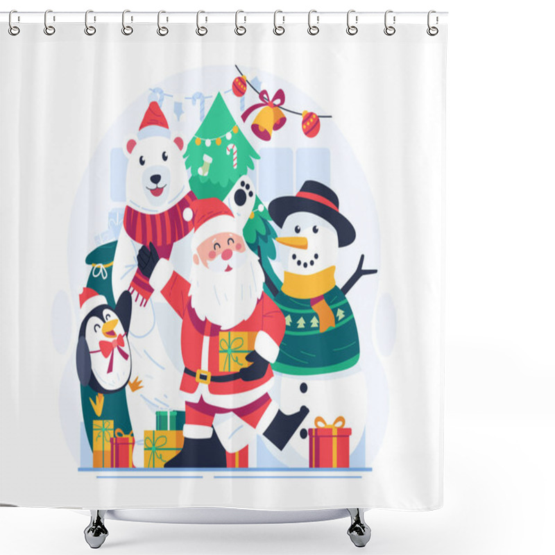 Personality  Merry Christmas Illustration. Santa Claus And His Adorable Companions. A Cute Snowman, Polar Bear, And Penguin With A Christmas Tree And Gifts Shower Curtains