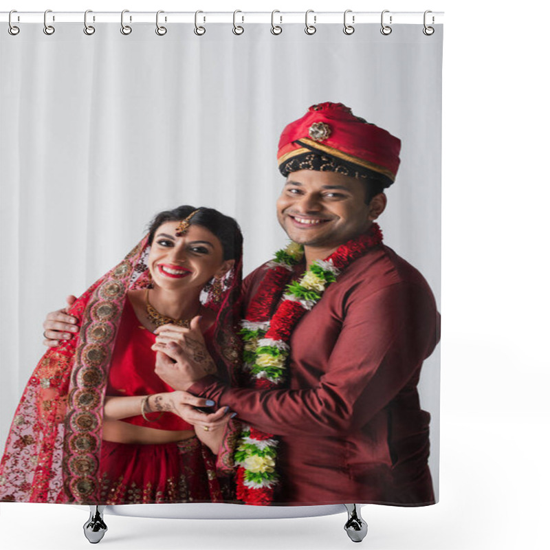 Personality  Positive Indian Husband And Wife In Traditional Clothing Holding Hands Isolated On Grey Shower Curtains