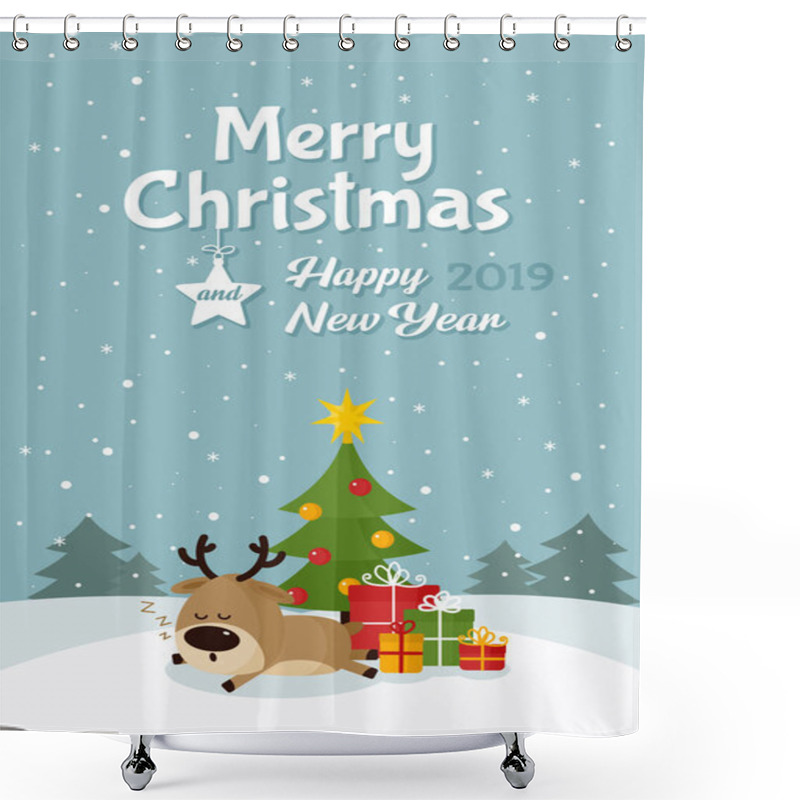 Personality  Santa Deer Sleeps Under Christmas Tree With Gifts. Merry Christmas And Happy New Year. Holiday Greeting Card. Isolated Vector Illustration. Shower Curtains