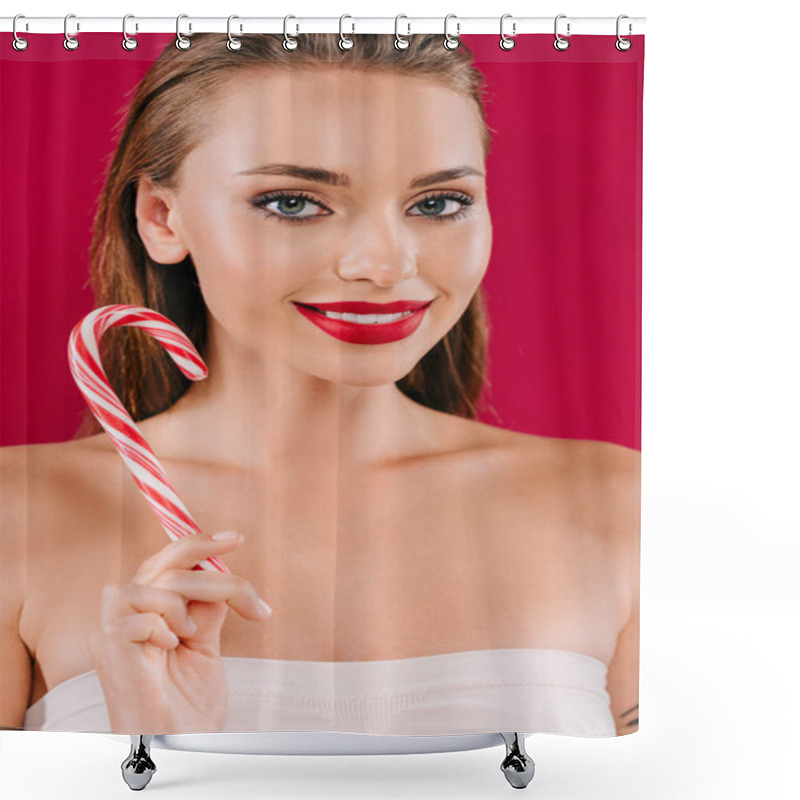 Personality  Smiling Beautiful Woman With Red Lips Holding Sweet Striped Candy Isolated On Burgundy Shower Curtains