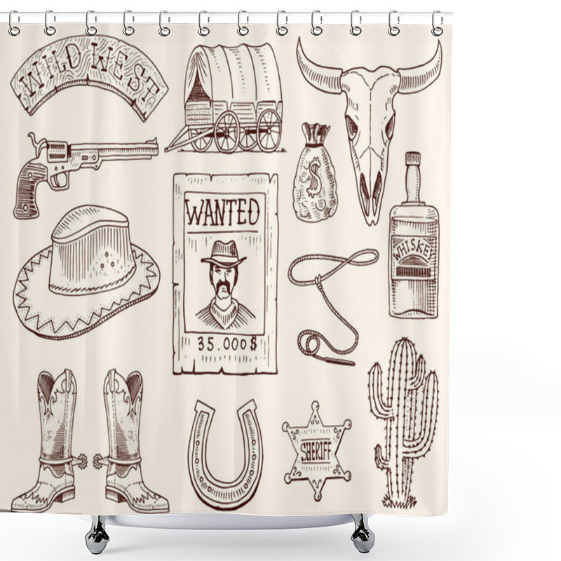 Personality  Wild West, Rodeo Show, Cowboy Or Indians With Lasso. Hat And Gun, Cactus With Sheriff Star And Bison, Boot With Horseshoe And Wanted Poster. Engraved Hand Drawn In Old Sketch Or And Vintage Style. Shower Curtains