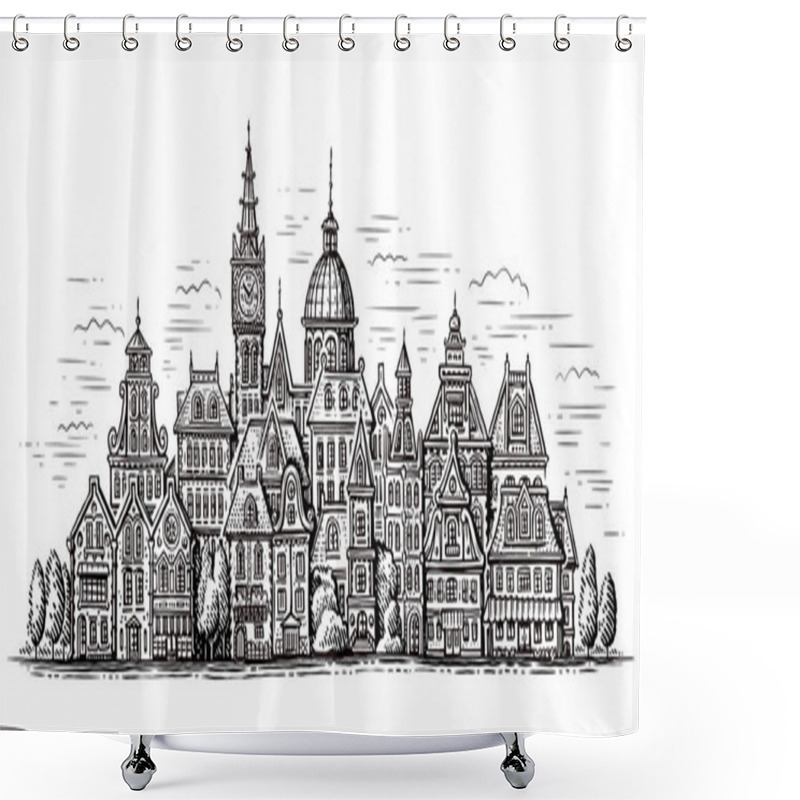 Personality  Cityscape With Old Houses. Hand Drawn Town Sketch Illustration Shower Curtains