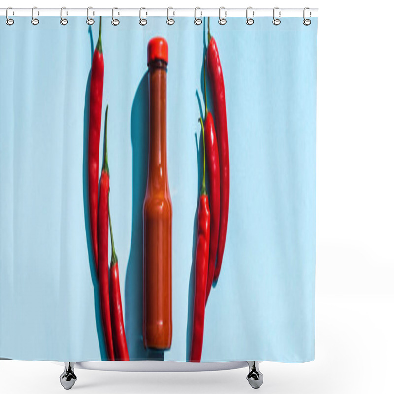 Personality  Top View Of Ketchup In Bottle With Chicle Peppers On Blue Background, Panoramic Shot Shower Curtains