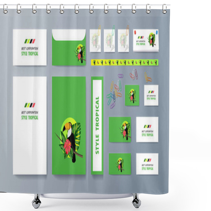 Personality  Set Of Brochures About Toucan Bird And Tropical Flora Shower Curtains