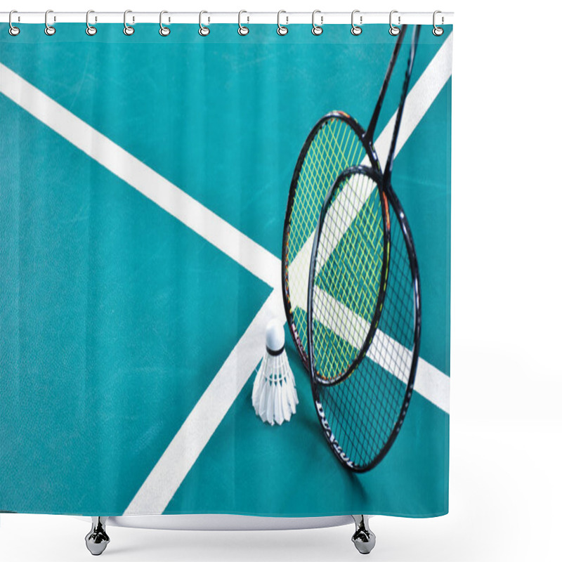 Personality  Cream White Badminton Shuttlecock And Racket On Floor In Indoor Badminton Court, Copy Space, Soft And Selective Focus On Shuttlecocks. Shower Curtains