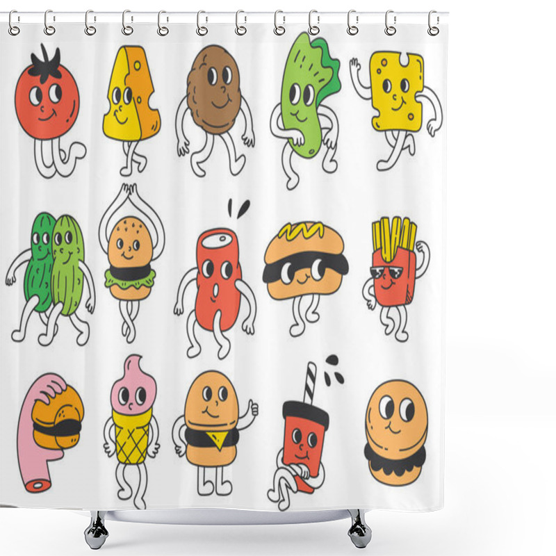 Personality  Groovy Cartoon Collection Of Junk Food. Retro Style Illustrations With Cheerful Characters Shower Curtains