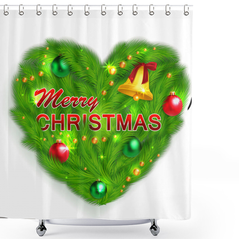 Personality  Creative Glimmered Christmas Label With Fir Tree Branches, Green And Red Balls And Christmas Bell On White Background Shower Curtains