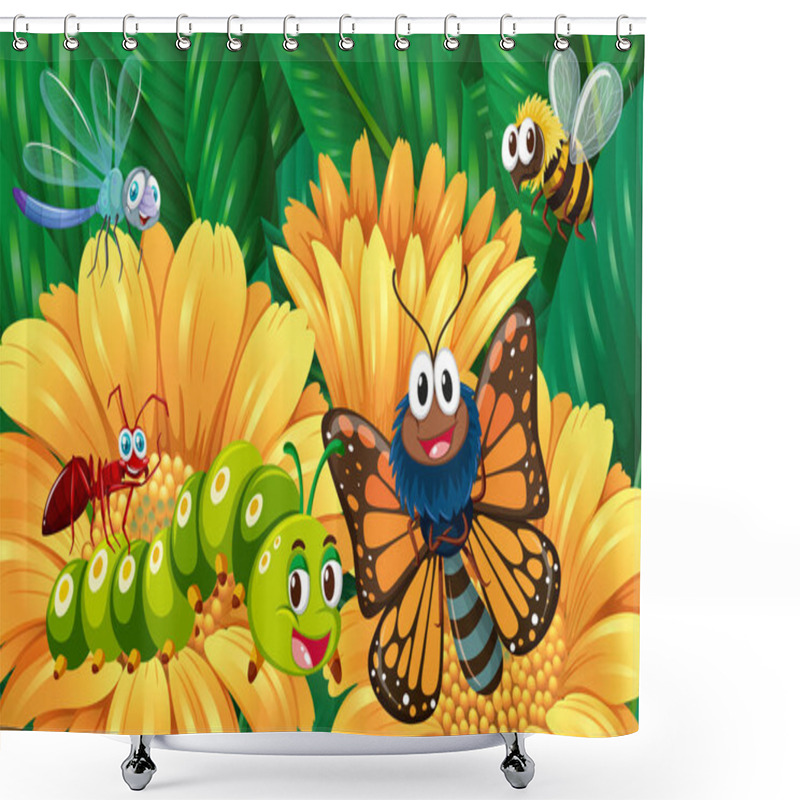 Personality  Insects In The Flower Garden Shower Curtains