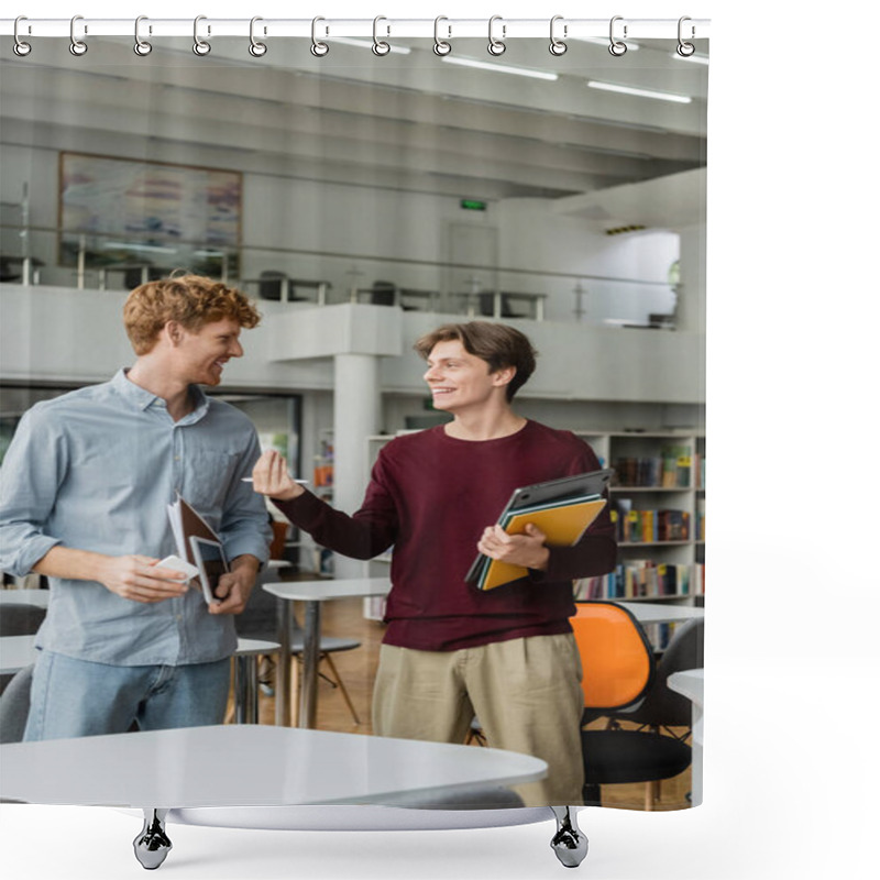 Personality  Two Young Men Engrossed In Conversation At A Library. Shower Curtains