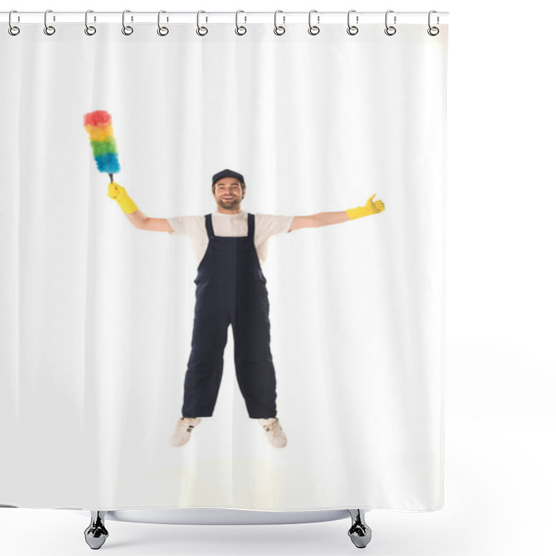 Personality  Excited Cleaner With Dust Brush Showing Like While Jumping Isolated On White  Shower Curtains