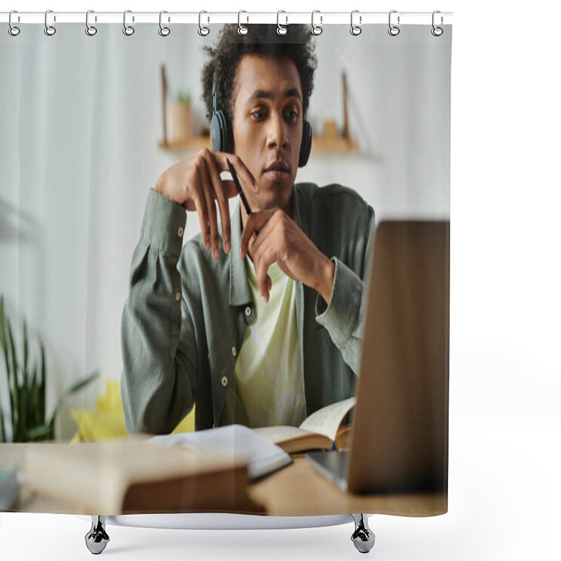 Personality  A Young African American Man Is Focused On His Laptop, Studying Online While Wearing Headphones. Shower Curtains