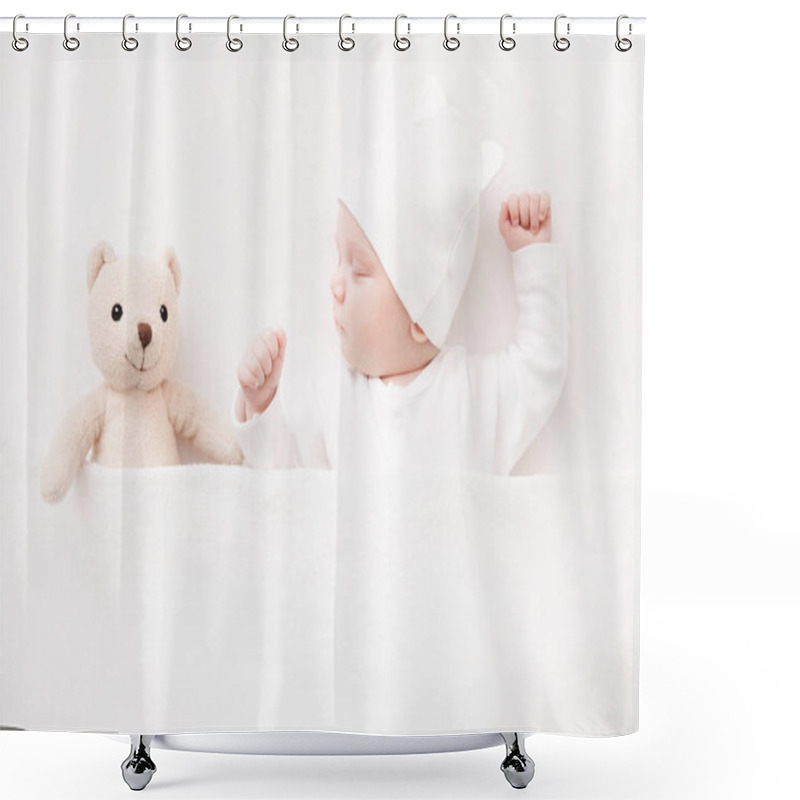 Personality  New Born Baby Girl Sleeping With Her Teddy Bear Shower Curtains