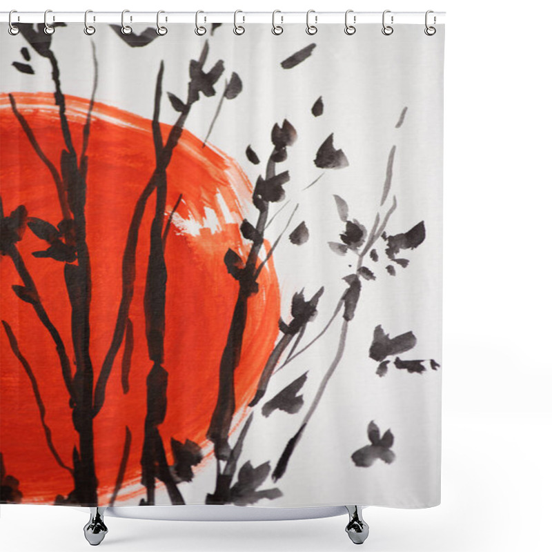 Personality  Japanese Painting With Red Sun And Branches On White Background Shower Curtains