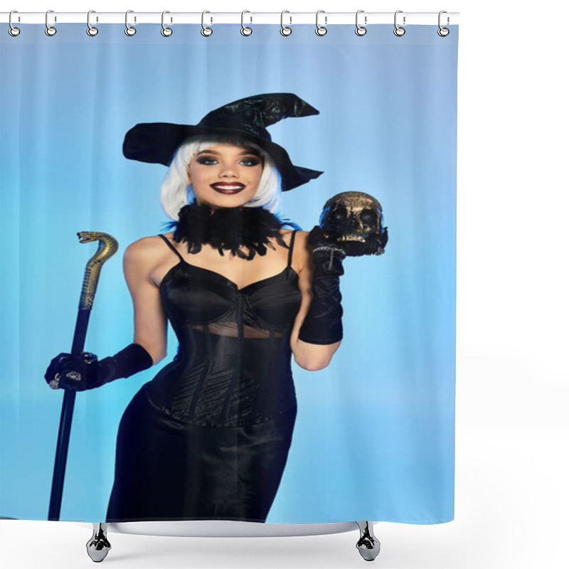 Personality  Dressed In A Stunning Witch Costume, A Young Woman Exudes Halloween Flair And Charm. Shower Curtains