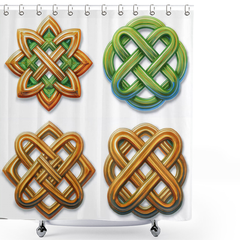 Personality  A Collection Of Four Intricately Designed Irish Style Knots Features Vibrant Colors And Detailed Patterns On A Clean White Background. Each Knot Showcases A Unique Shape And Combination Of Hues, Offering An Artistic Representation Of Traditional Iris Shower Curtains