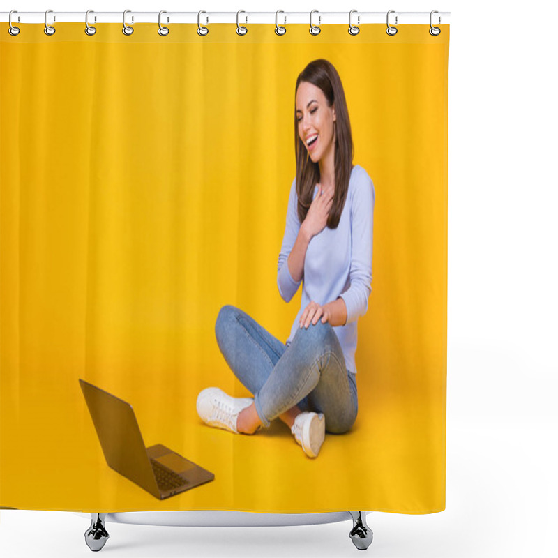 Personality  Portrait Of Her She Nice-looking Attractive Lovely Pretty Cheerful Cheery Girl Sitting Lotus Position Attending Web Conference Isolated Bright Vivid Shine Vibrant Yellow Color Background Shower Curtains