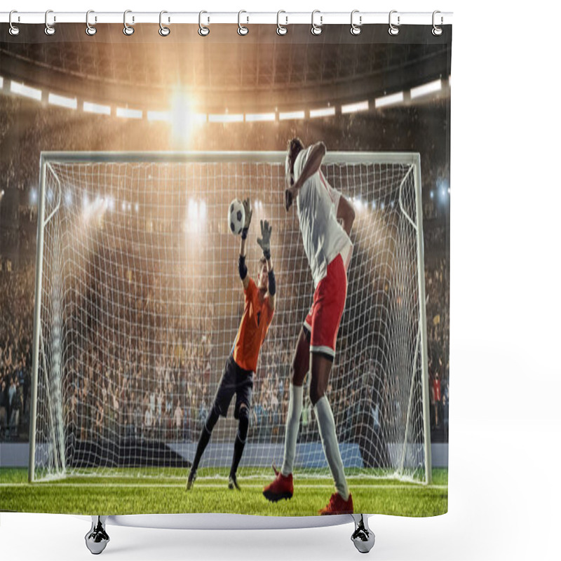 Personality  Soccer Player Is Trying To Score A Header Goal While Goalkeeper Defends On A Professional Soccer Stadium. Stadium And Crowd Are Made In 3D. Shower Curtains