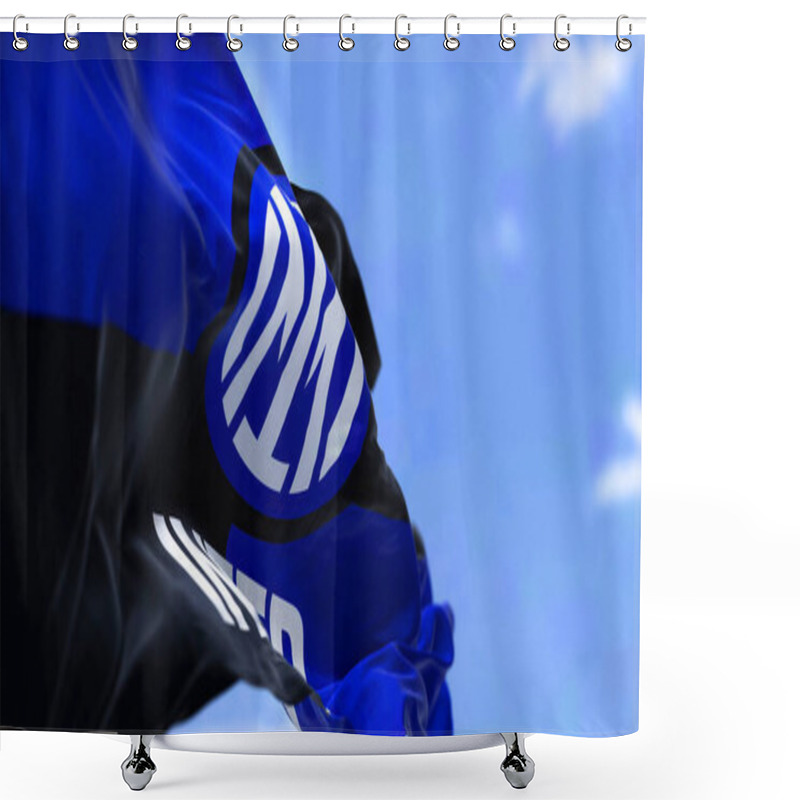 Personality  Milan, Italy, July 2022: The Flag Of Inter Football Club Waving In The Wind. Inter Is A Professional Football Club Based In Milan, Italy Shower Curtains