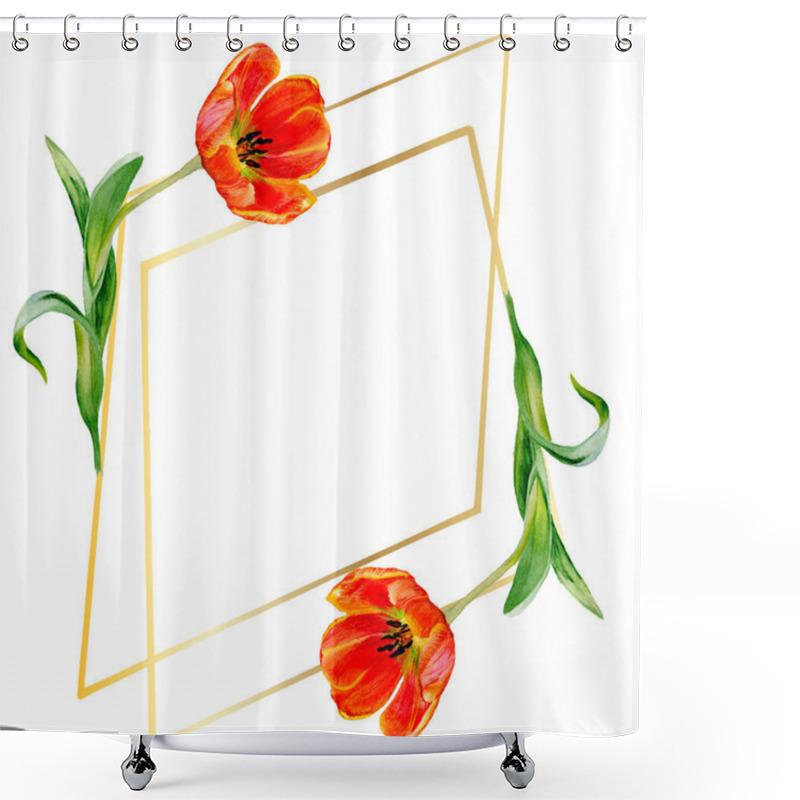 Personality  Amazing Red Tulip Flowers With Green Leaves. Hand Drawn Botanical Flowers. Watercolor Background Illustration. Frame Border Ornament Crystal. Geometric Quartz Polygon Crystal Stone. Shower Curtains