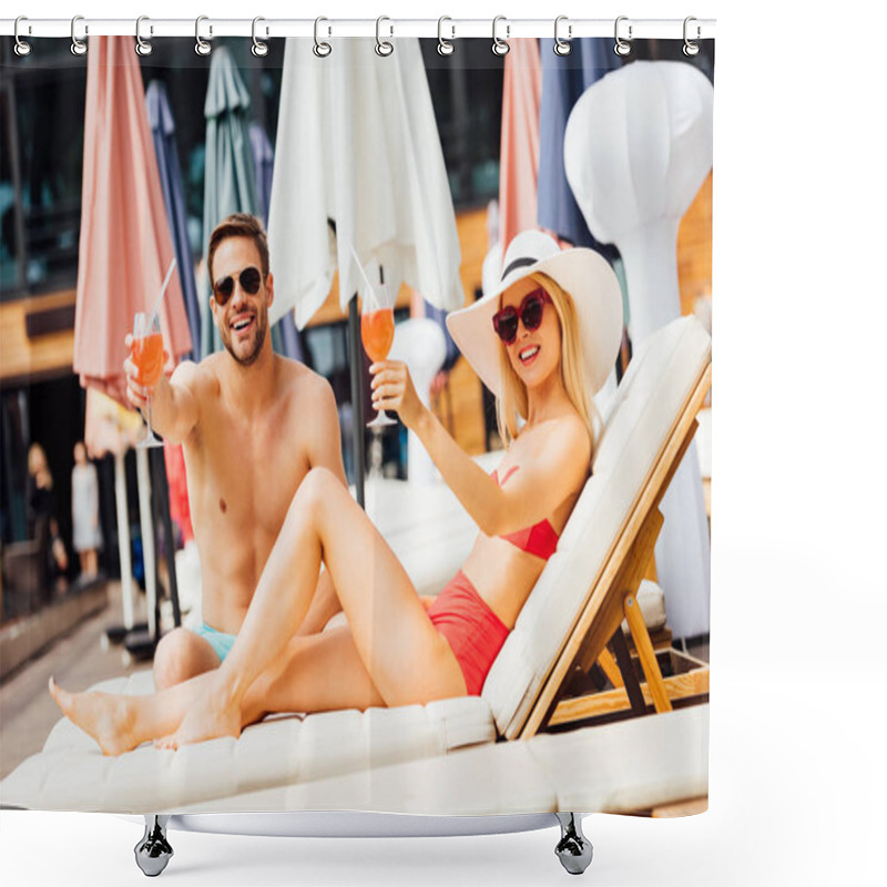 Personality  Sexy Couple Holding Glasses Of Cocktails At Resort In Sunny Day Shower Curtains