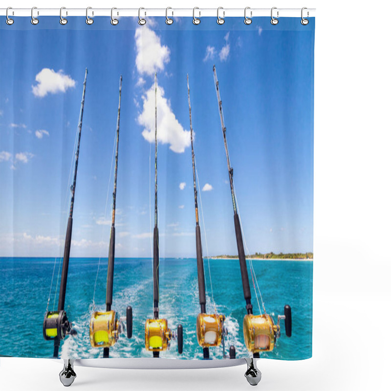 Personality  Row Of Five Fishing Rods On Blue Water Background  Shower Curtains